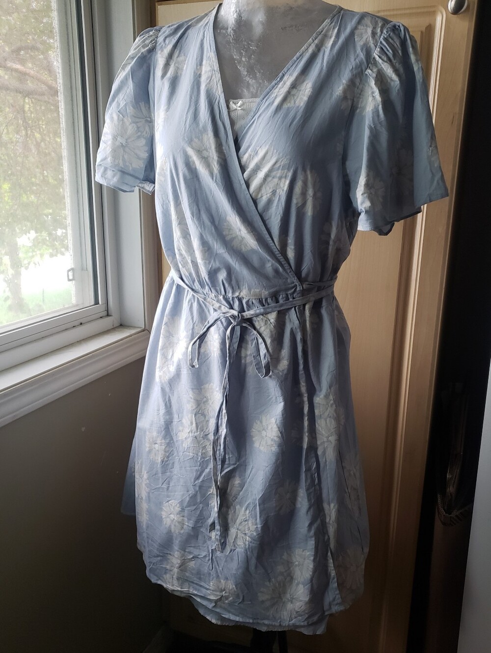Anthropologie Madewell Cotton Light Blue Floral Wrap Summer Dress